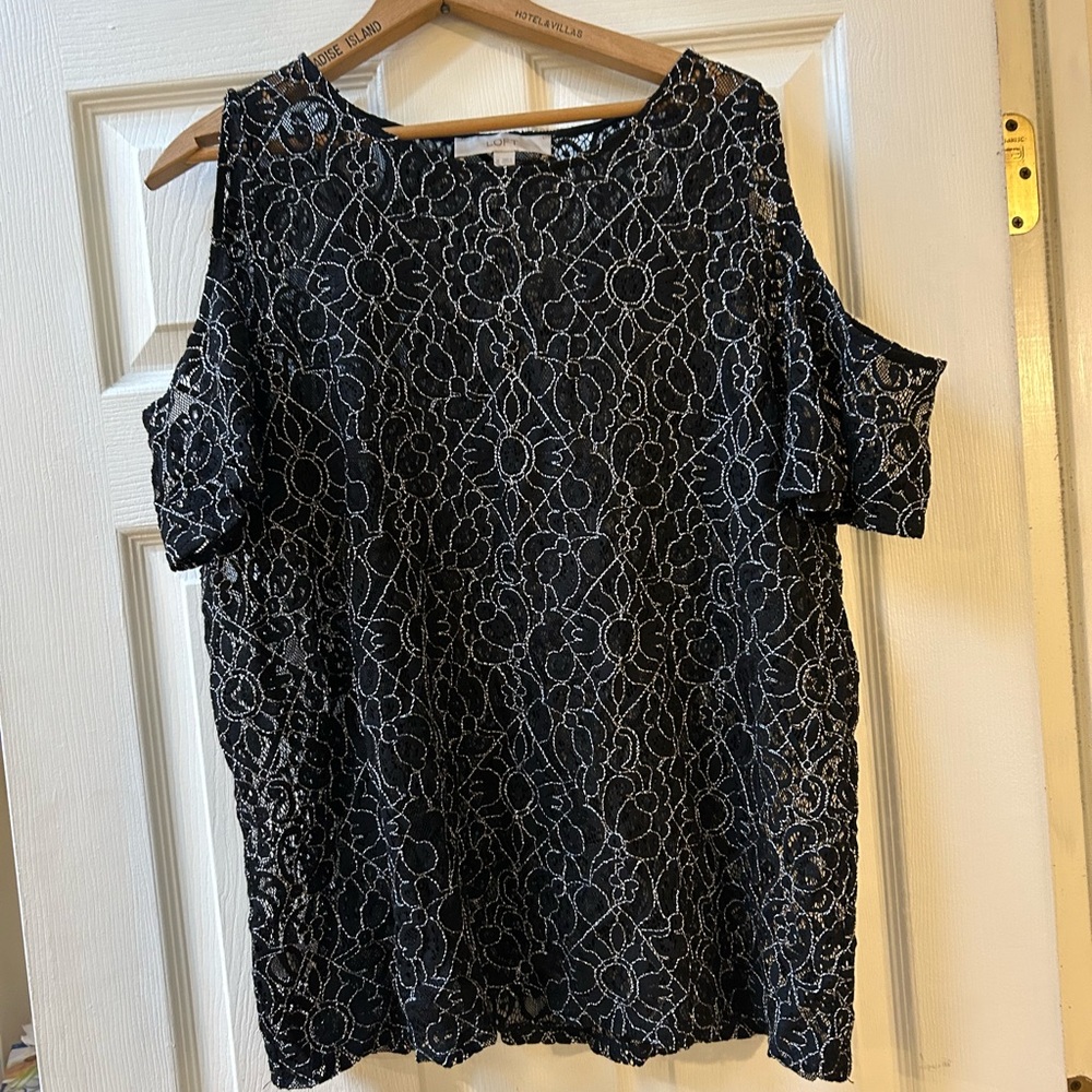 LOFT Black Floral Lace Cold Shoulder Blouse